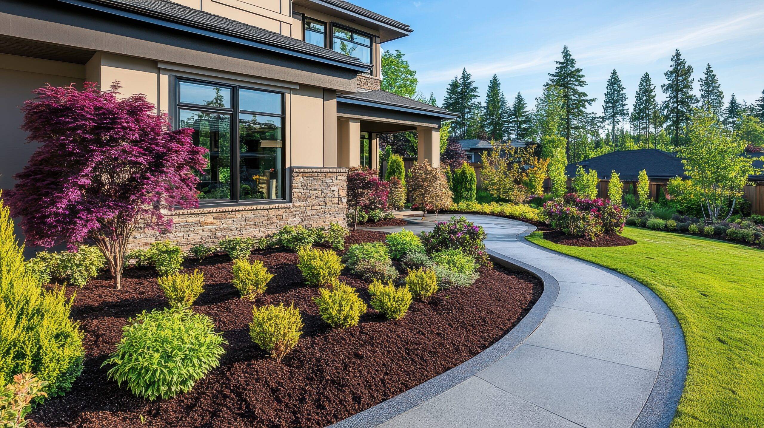 Landscaped home exterior with curved walkway, showcasing lush greenery and meticulously designed flowerbeds. Ideal for real estate, landscaping, and home improvement websites